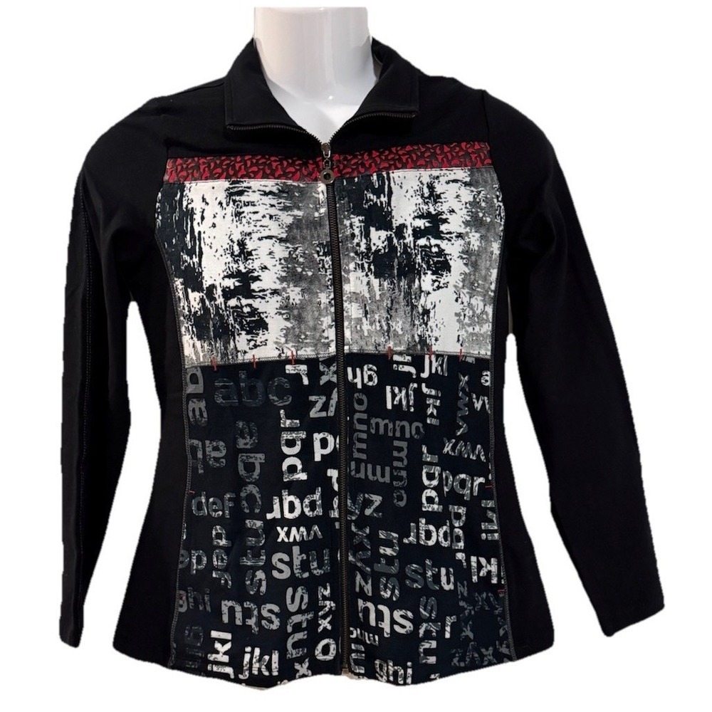 Dolcezza Full Zip Cardigan Women's S Artsy Play with Letters Black White Red Top
